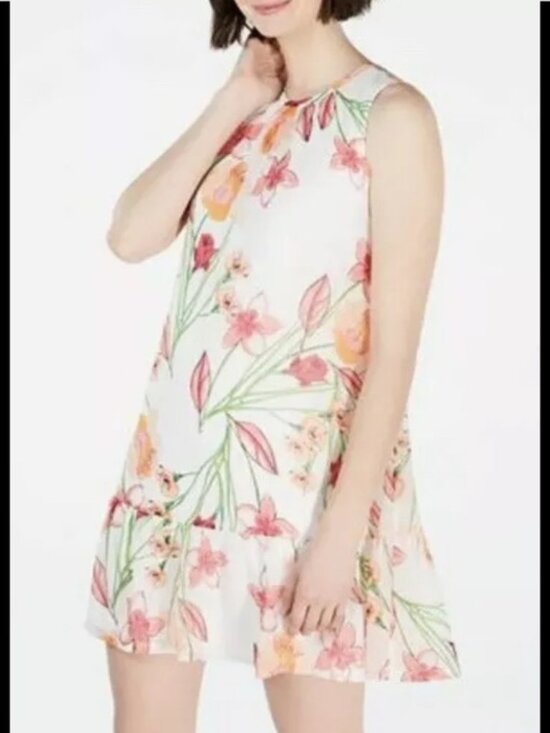 Calvin Klein Dresses & Skirts - Floral Sleeveless Shift Dress | White Multi Color Print Ruffle Hem